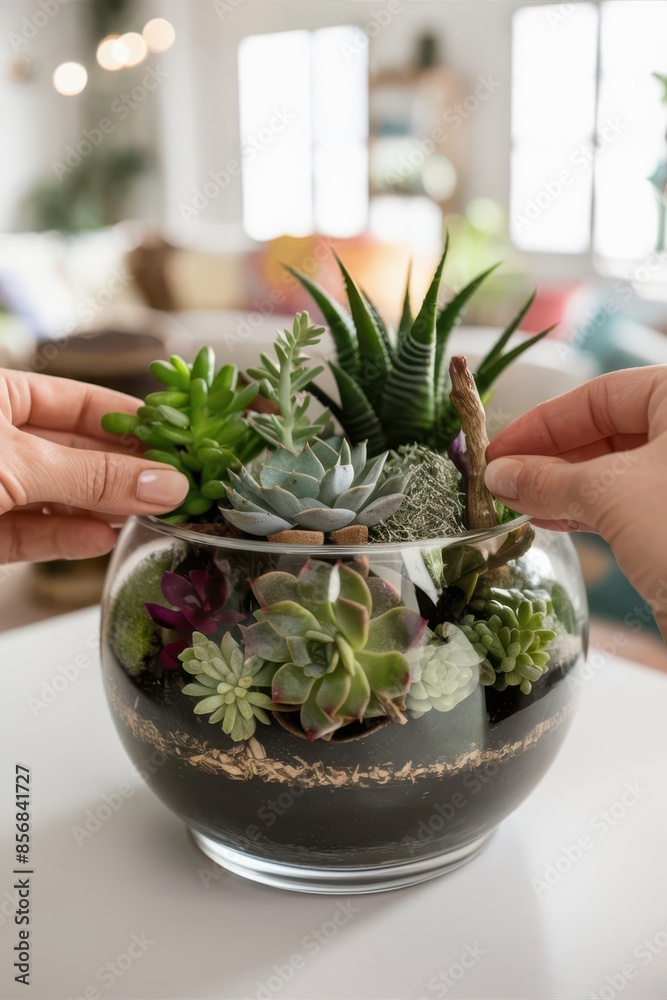 A hyperrealistic image of a beautifully crafted DIY terrarium, featuring a variety of vibrant succulents arranged in a large glass jar, illuminated by soft natural light.