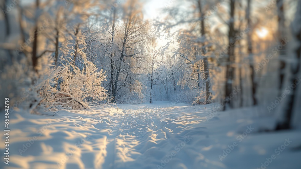 Fototapeta premium A snowy forest with a path through it