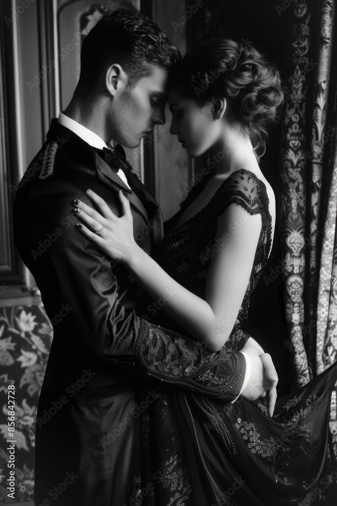 A classic black and white photograph of a man and woman together, conveying a sense of intimacy and togetherness A classic black and white photograph of a man and woman together, conveying a sense of intimacy and togetherness