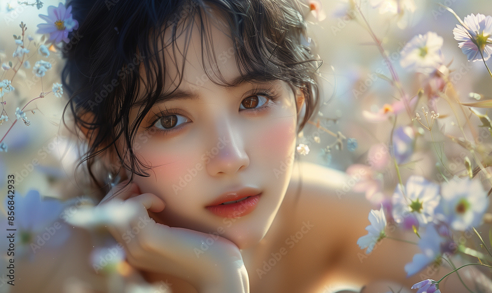 Fototapeta premium 花に囲まれた女性