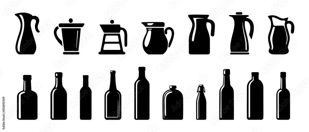 Fototapeta premium beer bottle, glass Jug and bottles silhouette black filled vector Illustration icon