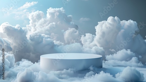 White display podium for product banners in clouds background