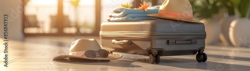 A suitcase packed with holiday essentials including a sun hat and sunglasses, ready for a summer vacation trip, with sunlight streaming through a window. photo