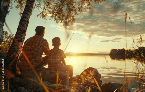 Back view of father and son fishing at the lake, family life on summer vacation