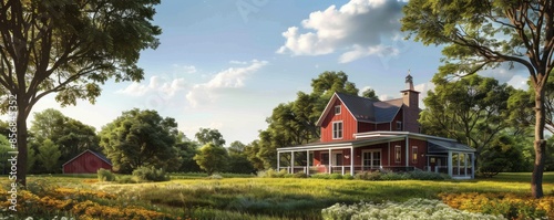 Farmhouse with a sprawling porch and red barn.