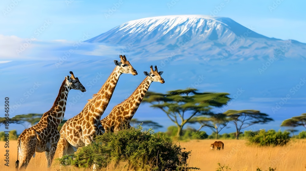 Fototapeta premium Group of many African animals giraffe, lion, elephant, monkey and others stand together in with Kilimanjaro mountain on background. 