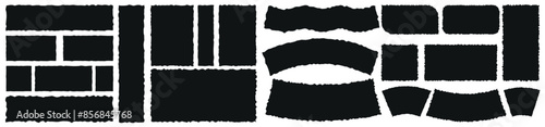 Set of grunge jagged rectangle shapes. Torn paper frames collection. Black ripped paper banner shapes.