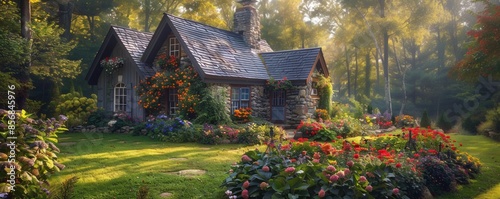 Cottage with a stone chimney and flower-filled garden.