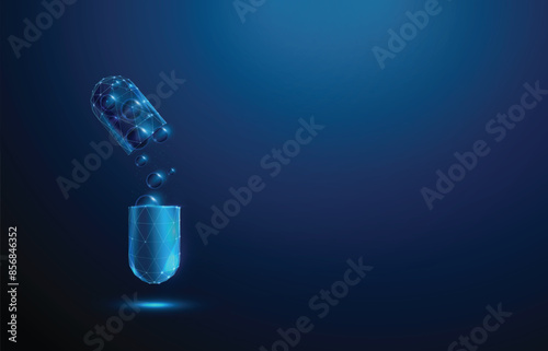 Abstract opened blue medical drug capsule with falling bubbles. Healthcare medical pharmacy concept. Low poly style design. Geometric background. Wireframe light structure. Modern 3d graphic. Vector