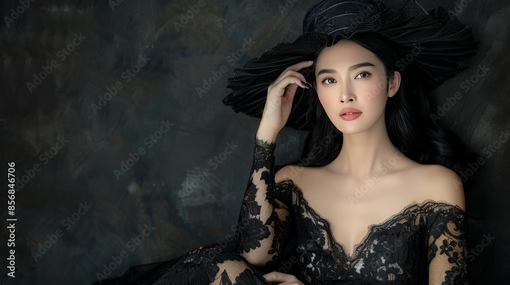 Beautiful gothic witch in halloween costume, ideal for spooky parties on dark background