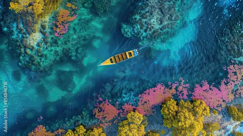 Fototapeta Naklejka Na Ścianę i Meble -  Aerial view of a boat navigating through vibrant, colorful coral reefs in clear, turquoise waters surrounded by lush vegetation.