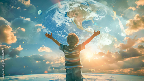 Young boy stnading with raised hands on Eerth planet background