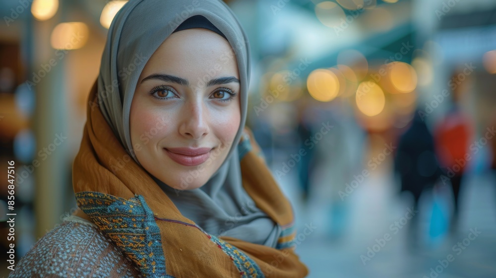 Portrait of a graceful woman with grey hijab, serene expression and blurred shopping area background