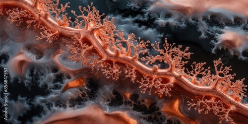 A close-up view of copper dendrite formations in a liquid solution © Constantine Art