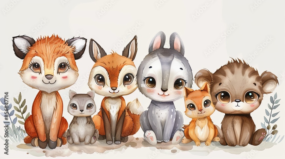 A group of forest animals, one with a blurred face, painted in a watercolor style A group of forest animals, one with a blurred face, painted in a watercolor style