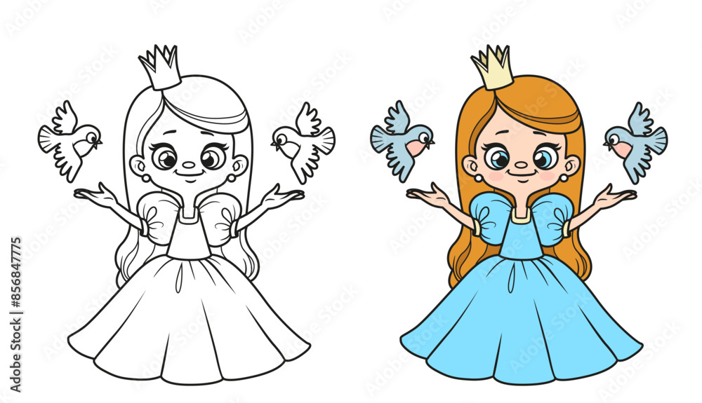 Cute cartoon little longhaired princess with birds coloring page Cute cartoon little longhaired princess with birds coloring page