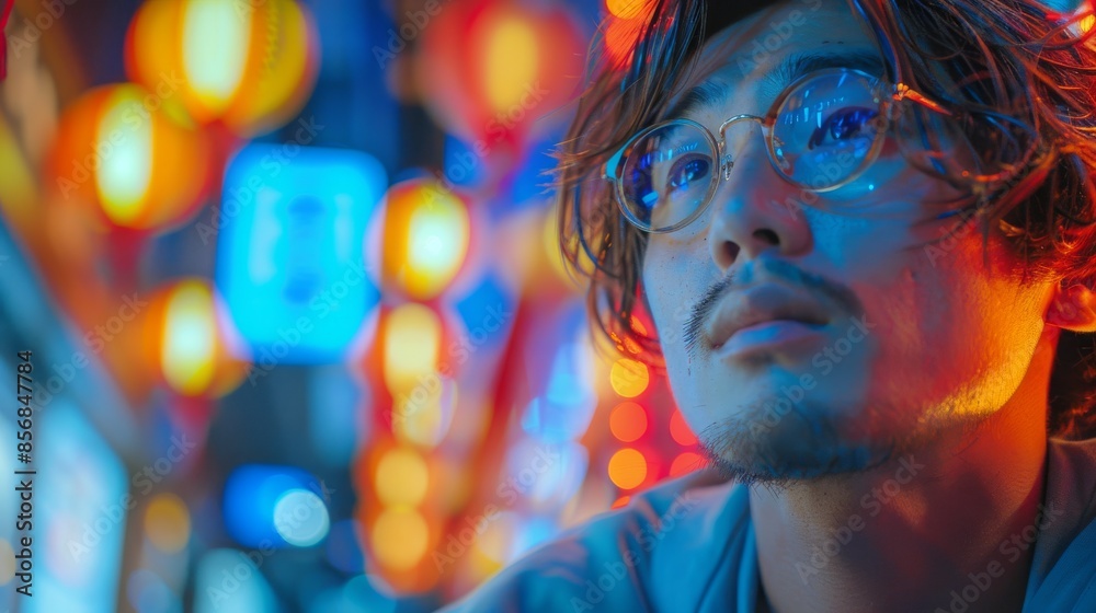 Intense portrait of a man with neon city lights reflecting off his glasses at night