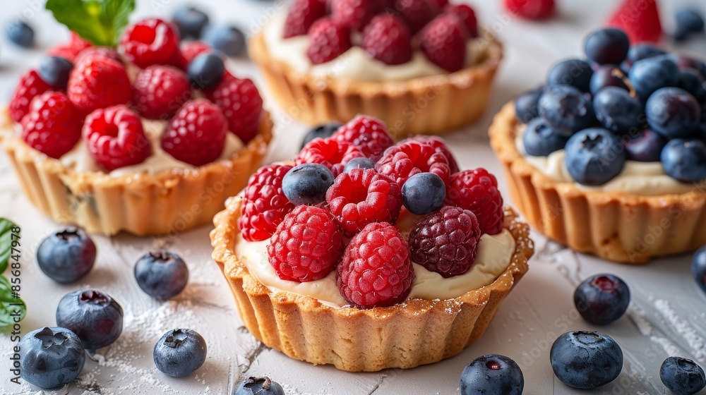 Close-up of tartlets topped with raspberries, blueberries, and a whipped cream filling, garnished with mint Close-up of tartlets topped with raspberries, blueberries, and a whipped cream filling, garnished with mint