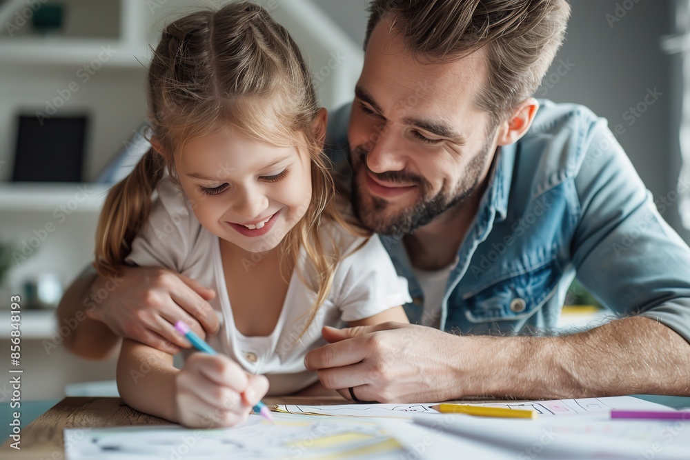 Dad and daughter are doing their homework. Young Father helping little girl with class work. Family spending time together, drawing, learning. Single father teaching child to read, write. Parents help Dad and daughter are doing their homework. Young Father helping little girl with class work. Family spending time together, drawing, learning. Single father teaching child to read, write. Parents help
