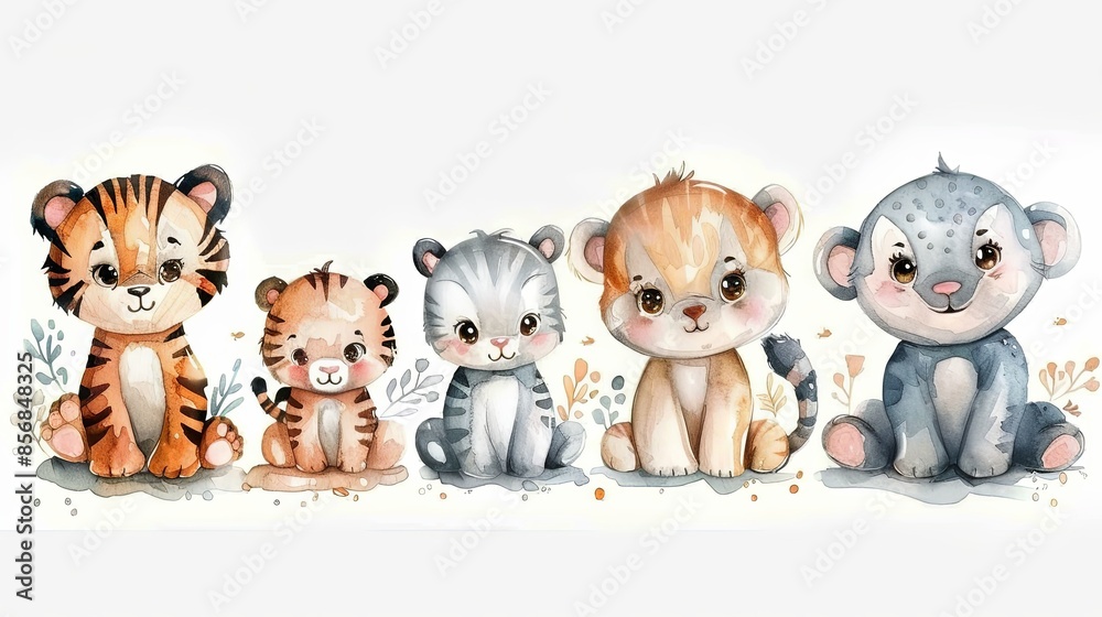 Five animated jungle animals with one face blurred, amidst soft watercolor foliage Five animated jungle animals with one face blurred, amidst soft watercolor foliage