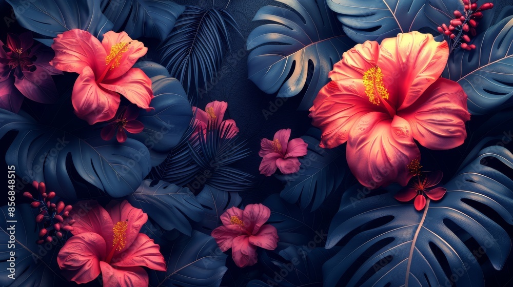 An exotic array of tropical flowers and leaves dramatically lit, emphasizing the vibrant and moody atmosphere An exotic array of tropical flowers and leaves dramatically lit, emphasizing the vibrant and moody atmosphere