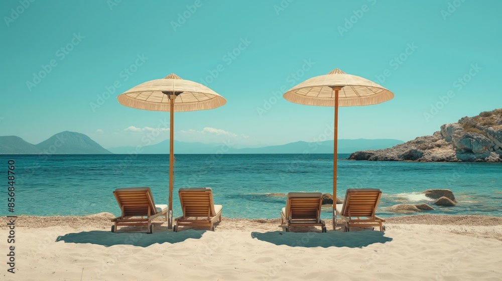 Obraz premium Lounge chairs and umbrellas on the tropical ocean or sea beach