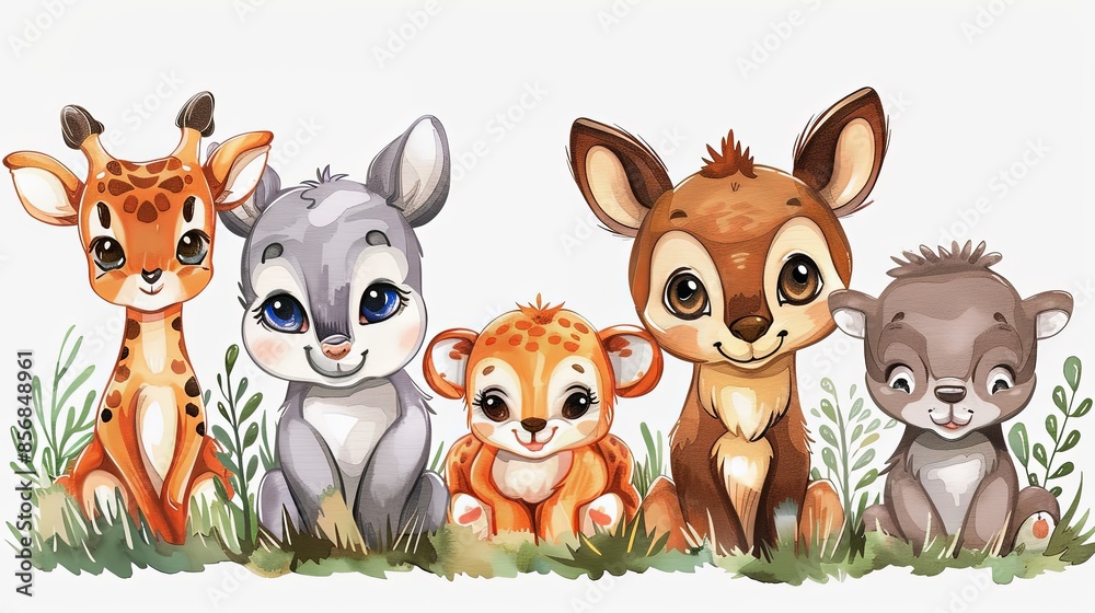 Five baby forest animals including a deer and a squirrel sitting in a line with a nature-themed backdrop Five baby forest animals including a deer and a squirrel sitting in a line with a nature-themed backdrop