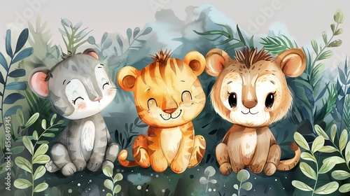 This image captures two lovable cubs, a lion and a tiger, in a lush setting filled with green leaves and plants photo