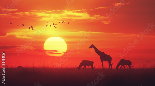 silhouette of African wildlives in sunset  © paullawat