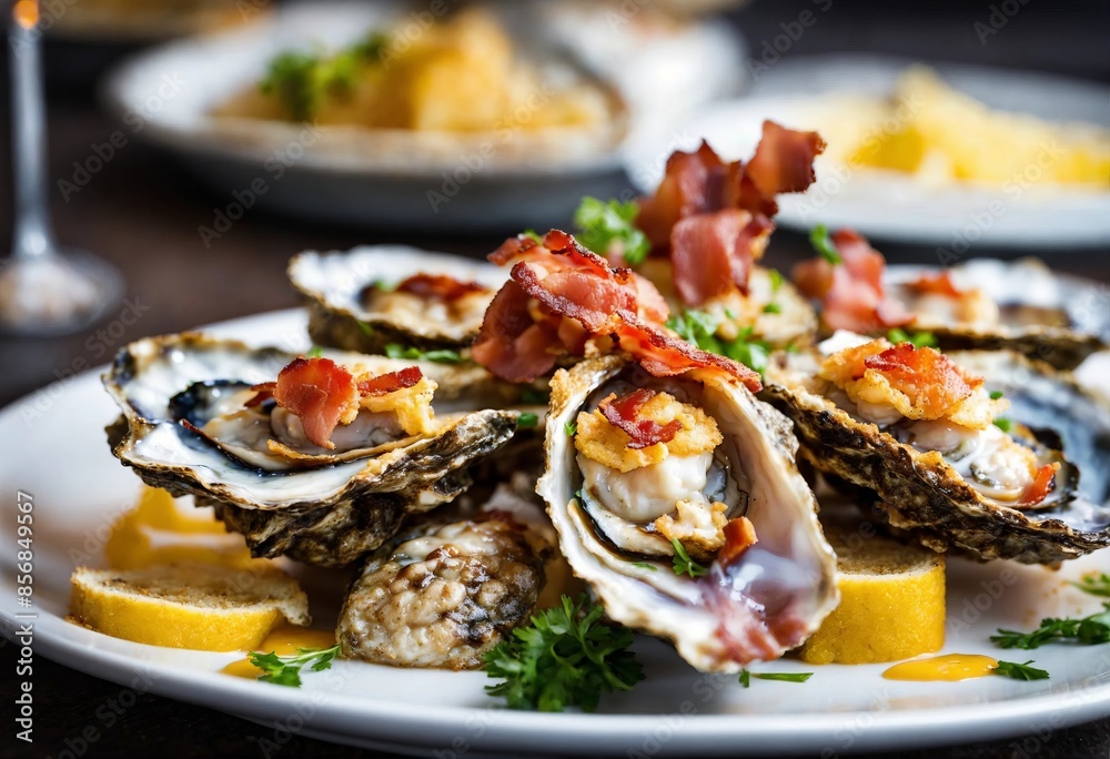 Bacon-wrapped oysters on a plate - the perfect combination of taste and quality for true gourmets. Bacon-wrapped oysters on a plate - the perfect combination of taste and quality for true gourmets.