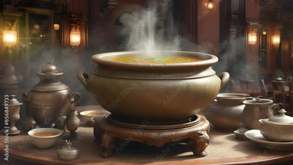 traditional soup with meat and vegetables on the pot. seamless looping time-lapse 4K video background
