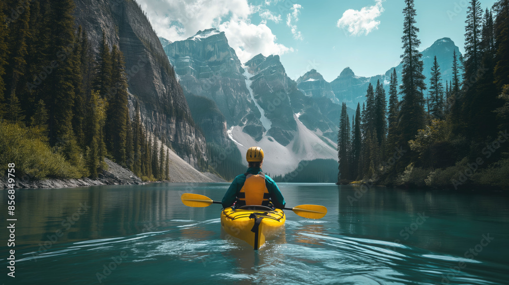 Male hiker kayaking in lake among forest and mountains, exploring nature