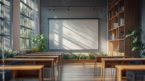 Empty modern school classroom with blackboard