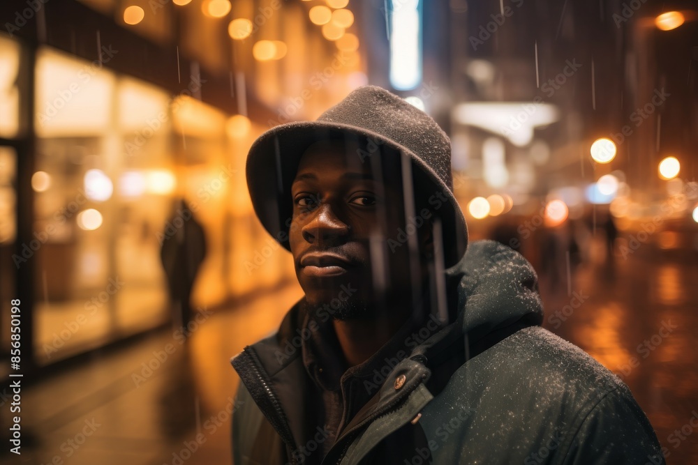 waist portrait of an african man in warm hats and a warm jacket on a cold rainy night on the streets of the city waist portrait of an african man in warm hats and a warm jacket on a cold rainy night on the streets of the city