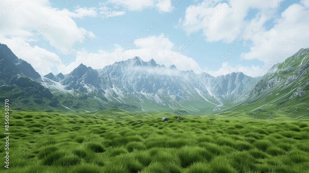 Fototapeta premium Verdant Valley Encircled by Majestic Mountains