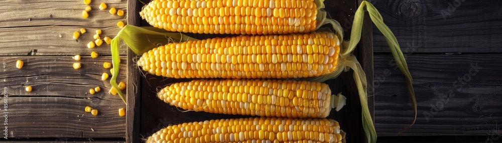 Freshly harvested corn cobs arranged on a wooden table, showcasing their golden kernels and husks in natural lighting. Freshly harvested corn cobs arranged on a wooden table, showcasing their golden kernels and husks in natural lighting.