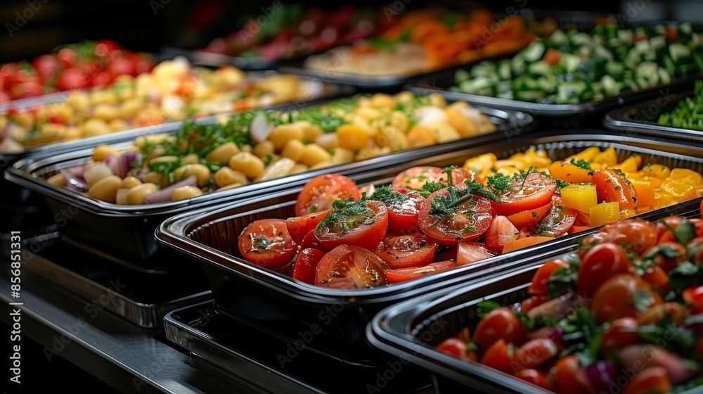 Image of a buffet selection with trays filled with fresh vegetables and healthy food options
