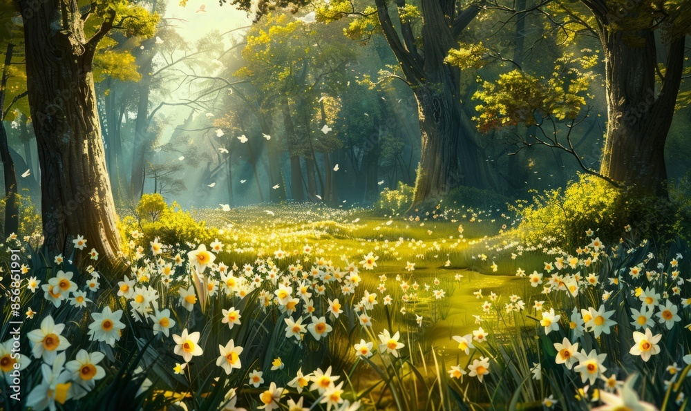 Fototapeta premium Spring garden with daffodils