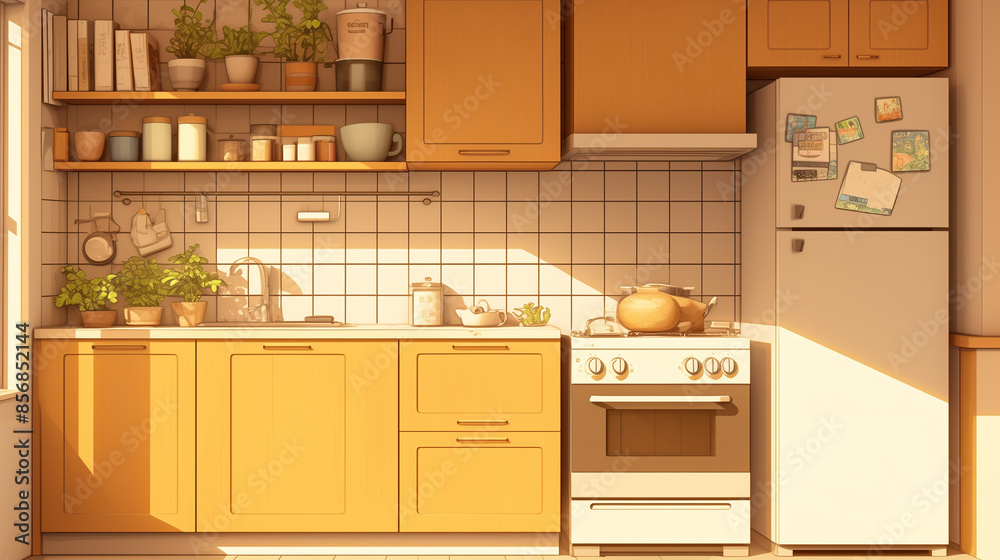 illustration of kitchen, children cartoon book style illustration of kitchen, children cartoon book style