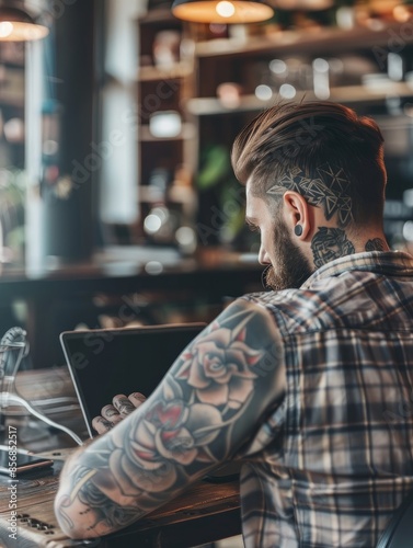 Young tattooed man working on laptop in cafe. Back view of human hands with tattoo using laptop at coworking office desk. Handsome guy typing text on laptop with blank copy space screen mockup 