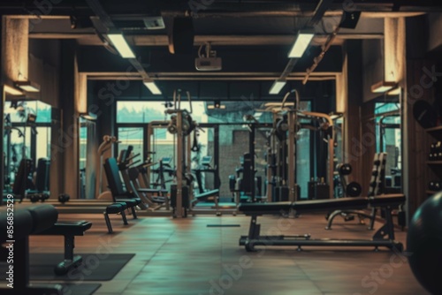 Inside of empty modern gym Empty modern, health and recreation gymnasium club with sports equipment. No people