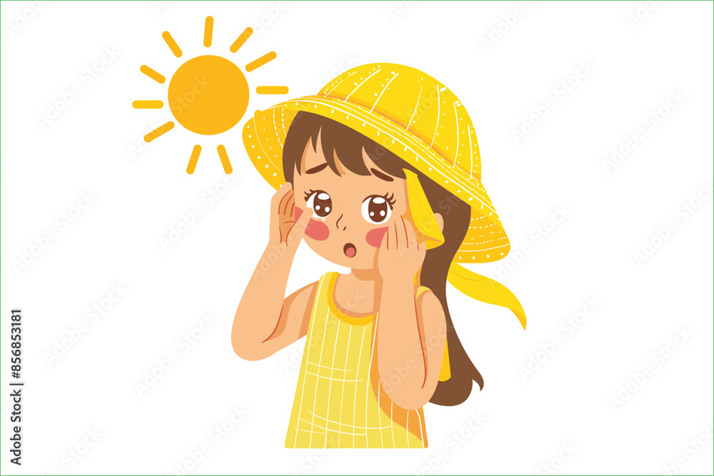 Girl sweating sunny day, vector illustration. Worried kid sweating hot sunny day, little girl stock illustration. Girl sweating sunny day, vector illustration. Worried kid sweating hot sunny day, little girl stock illustration.