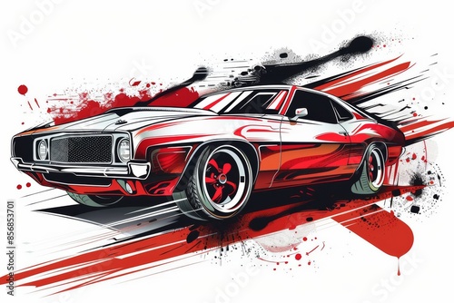 A Red And White Classic Muscle Car Speeding Through A Graphic Splashes Of Color