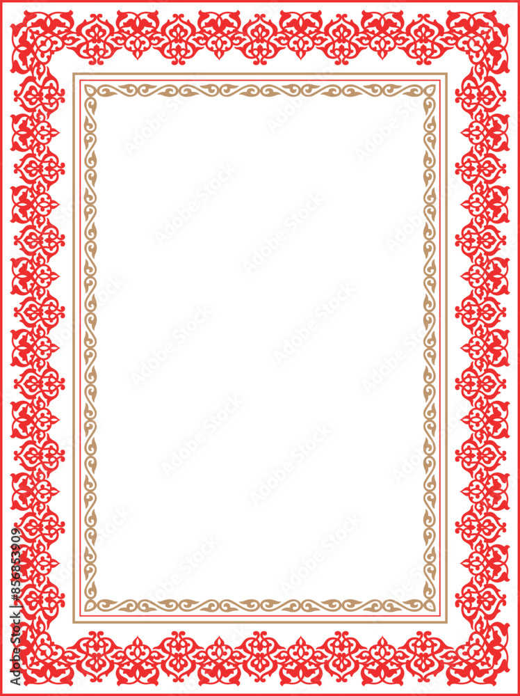 Red gold rectangular Vertical Islamic Asian Kazakh national ornament ornament frames. A4 format. Kazakh pattern frame, border, decorative ornament of the Kazakh, Kyrgyz, Mongol, Tatar, Uzbek, Tajik