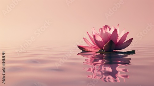 Pink lotus flower floating on calm water at sunset, serene and peaceful concept