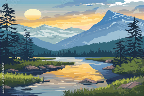 Beautiful mountain lake scenery with clear still water, mountain ridge, dense forest, meadow shores and tall pine trees in the foreground. Generative Ai. landscape river vector Made with Generative AI