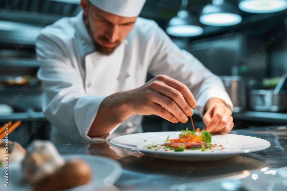 A chef is finishing the preparation of the plate A chef is finishing the preparation of the plate. He's decorating the plate just before the serving. A chef is finishing the preparation of the plate A chef is finishing the preparation of the plate. He's decorating the plate just before the serving.