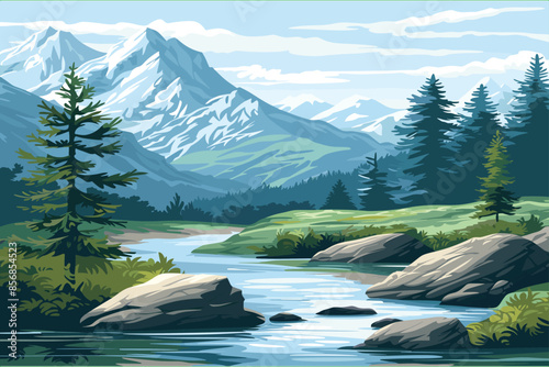 Beautiful mountain lake scenery with clear still water, mountain ridge, dense forest, meadow shores and tall pine trees in the foreground. Generative Ai. landscape river vector Made with Generative AI