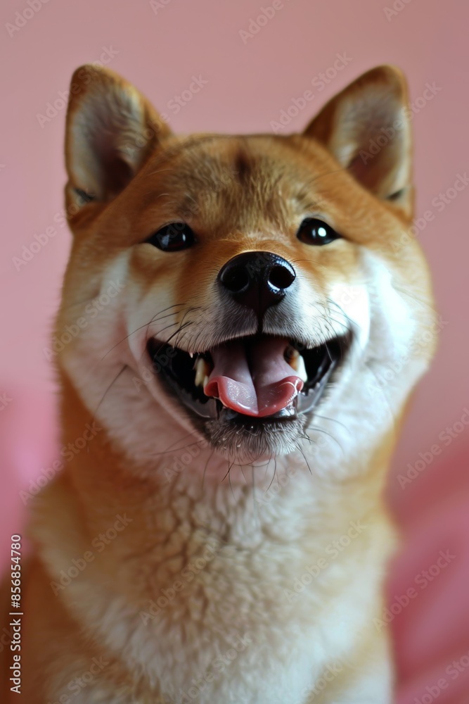 Happy shiba inu dog with bright smile on soft pastel backdrop, ideal for adding text Happy shiba inu dog with bright smile on soft pastel backdrop, ideal for adding text