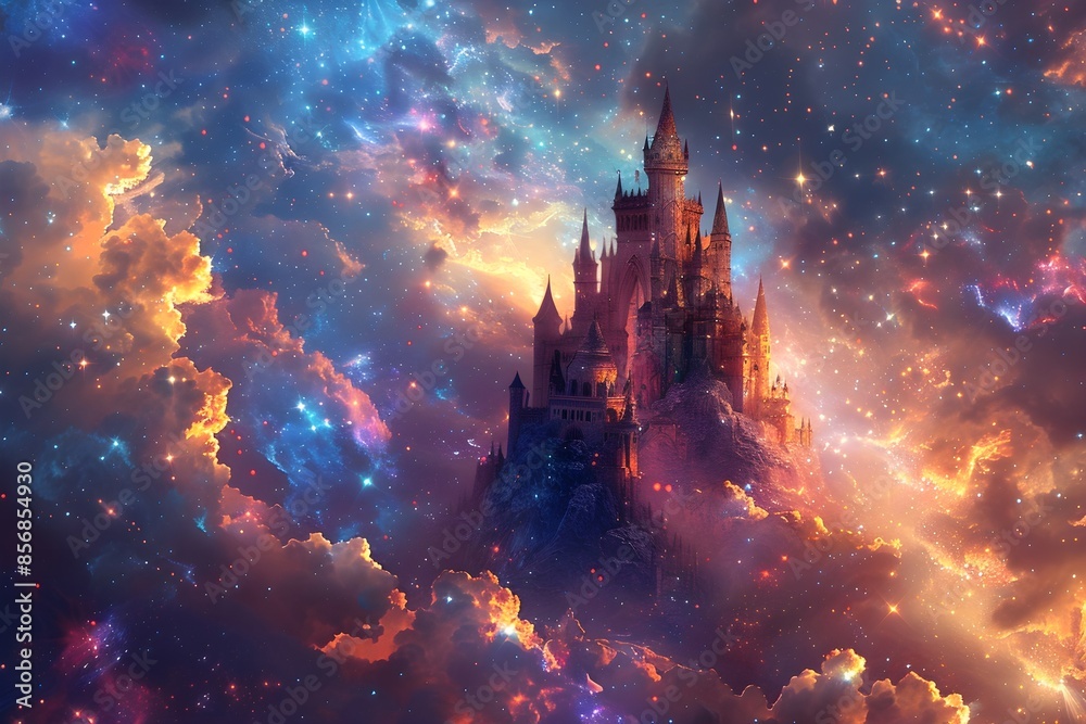 The image is a depiction of a fantasy castle. The castle is surrounded by a colorful nebula and has a beautiful, otherworldly appearance. The image is a depiction of a fantasy castle. The castle is surrounded by a colorful nebula and has a beautiful, otherworldly appearance.